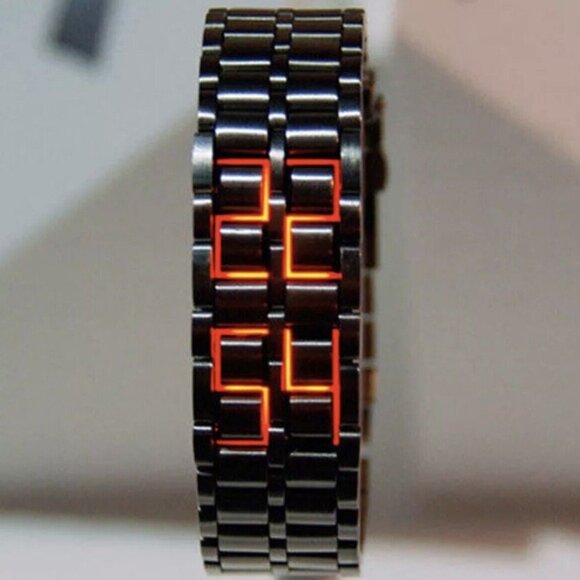LED Digital Watch, Black & Red Stainless‎ Steel Lava Style, Samurai Bracelet - Picture 1 of 13